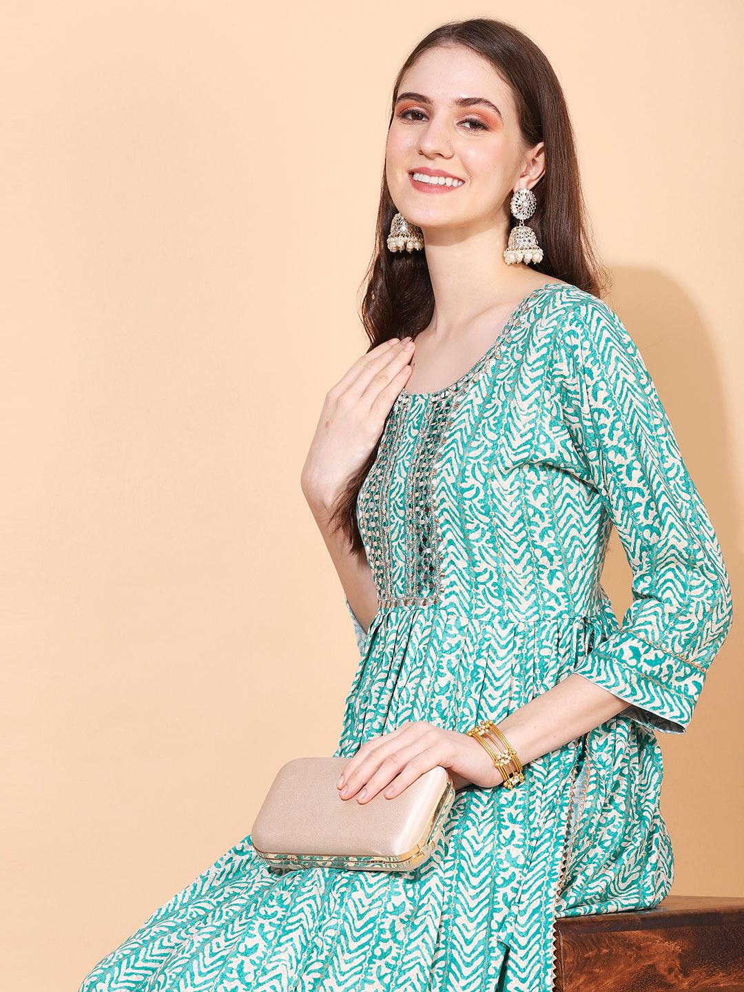 Ethnic Printed & Embroidered A-Line Kurta – Sea Green - Indiakreations