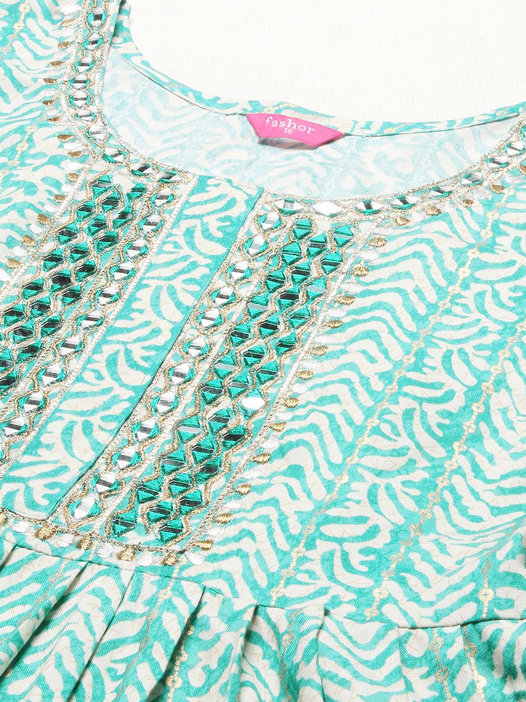 Ethnic Printed & Embroidered A-Line Kurta – Sea Green - Indiakreations