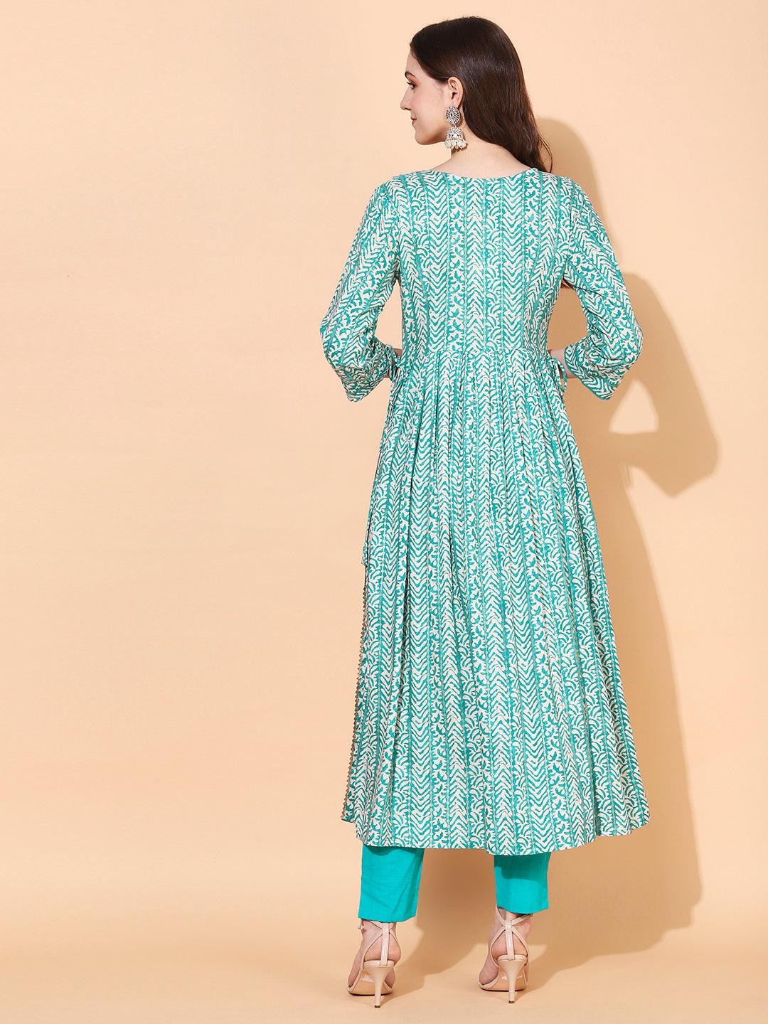 Ethnic Printed & Embroidered A-Line Kurta – Sea Green - Indiakreations