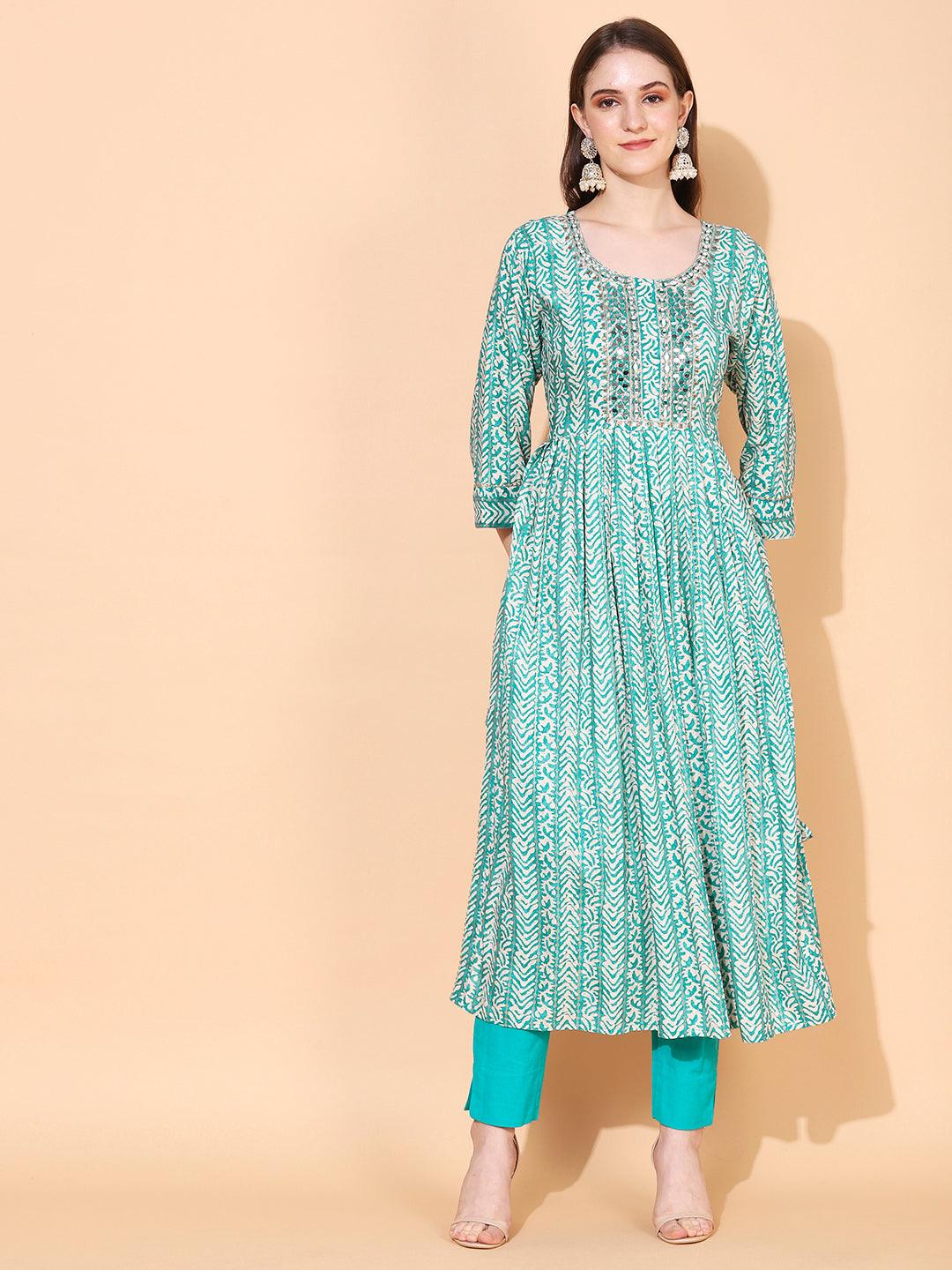 Ethnic Printed & Embroidered A-Line Kurta – Sea Green - Indiakreations