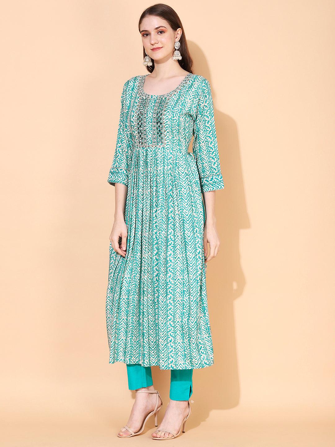 Ethnic Printed & Embroidered A-Line Kurta – Sea Green - Indiakreations