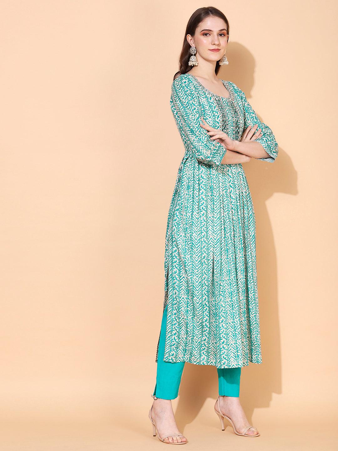 Ethnic Printed & Embroidered A-Line Kurta – Sea Green - Indiakreations