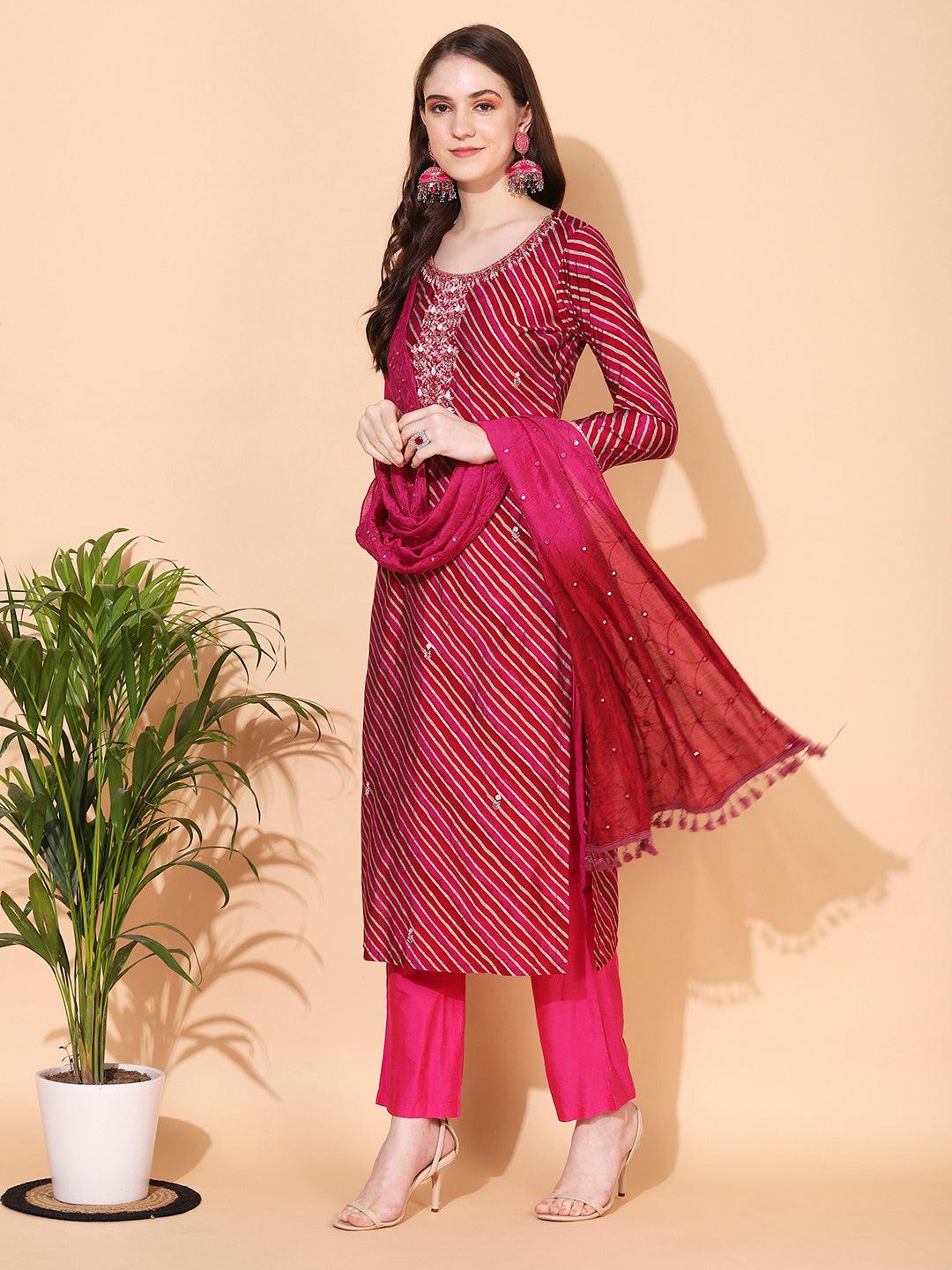 Leheriya Printed & Hand Embroidered Straight Fit Kurta & Dupatta - Magenta - Indiakreations