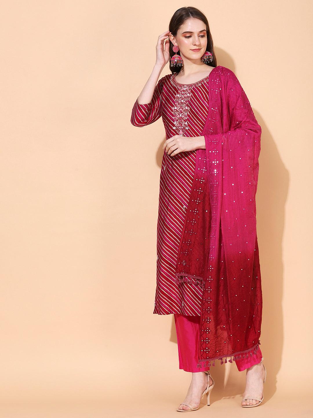 Leheriya Printed & Hand Embroidered Straight Fit Kurta & Dupatta - Magenta - Indiakreations