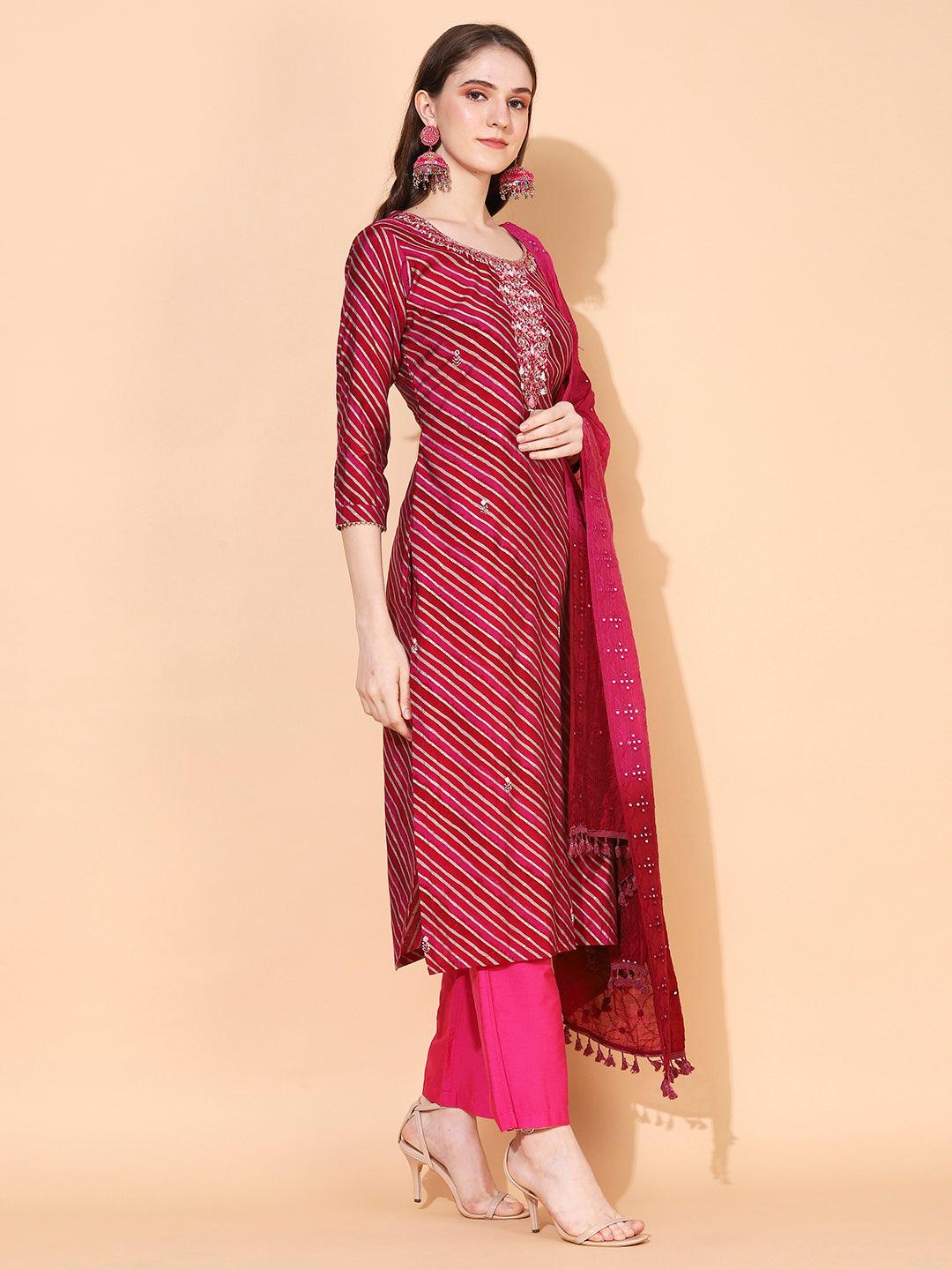 Leheriya Printed & Hand Embroidered Straight Fit Kurta & Dupatta - Magenta - Indiakreations