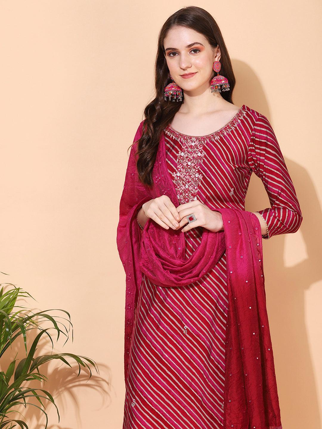 Leheriya Printed & Hand Embroidered Straight Fit Kurta & Dupatta - Magenta - Indiakreations