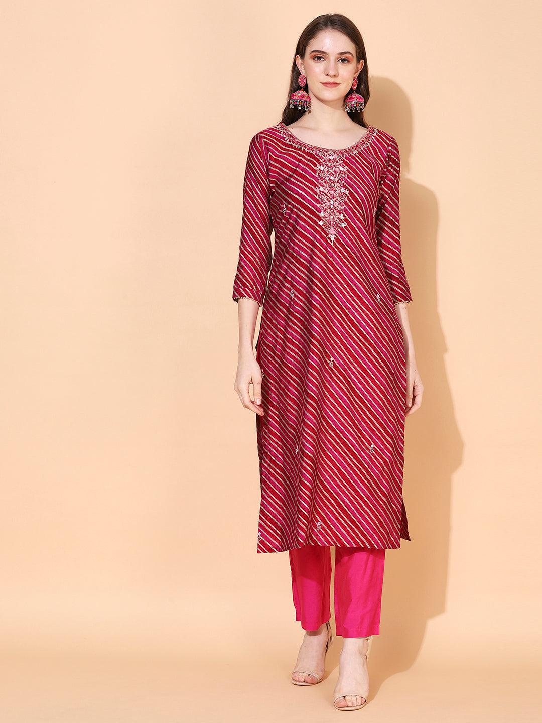 Leheriya Printed & Hand Embroidered Straight Fit Kurta & Dupatta - Magenta - Indiakreations