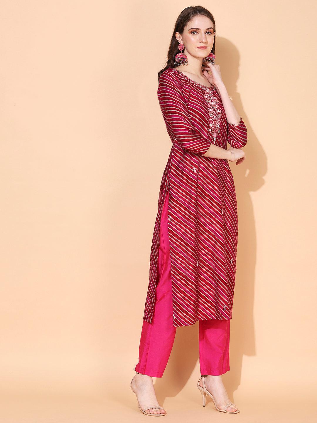 Leheriya Printed & Hand Embroidered Straight Fit Kurta & Dupatta - Magenta - Indiakreations