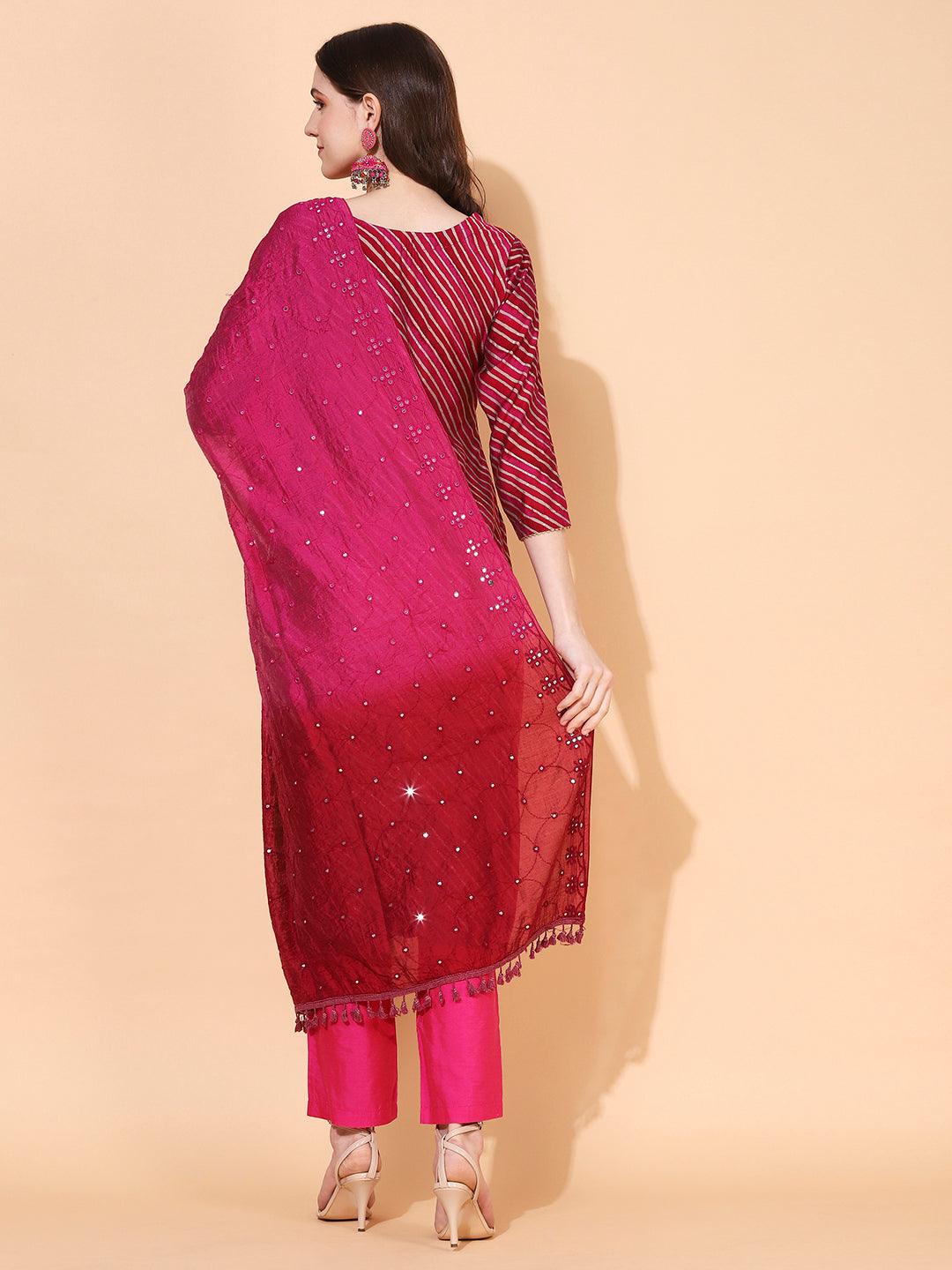 Leheriya Printed & Hand Embroidered Straight Fit Kurta & Dupatta - Magenta - Indiakreations