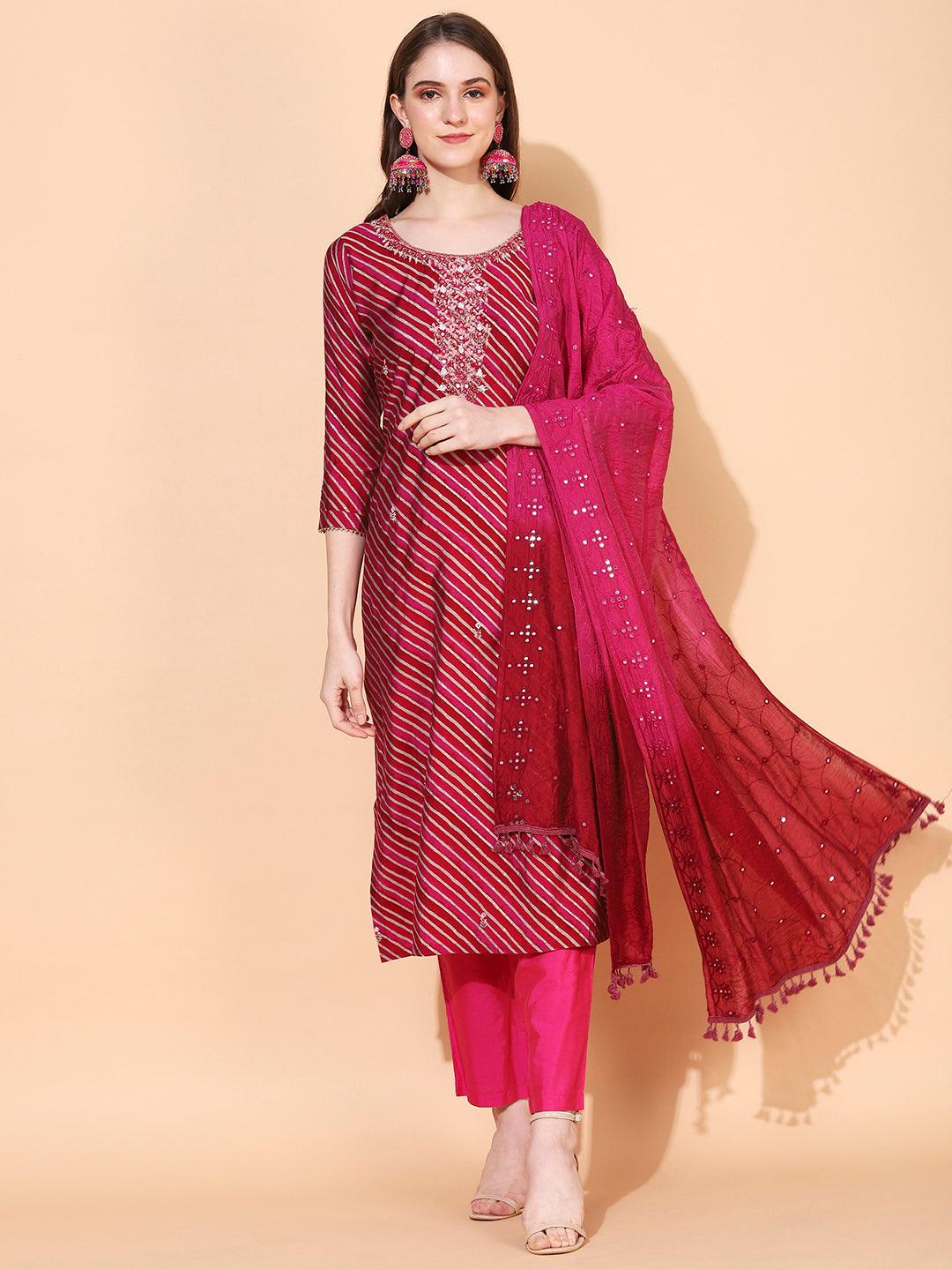 Leheriya Printed & Hand Embroidered Straight Fit Kurta & Dupatta - Magenta - Indiakreations