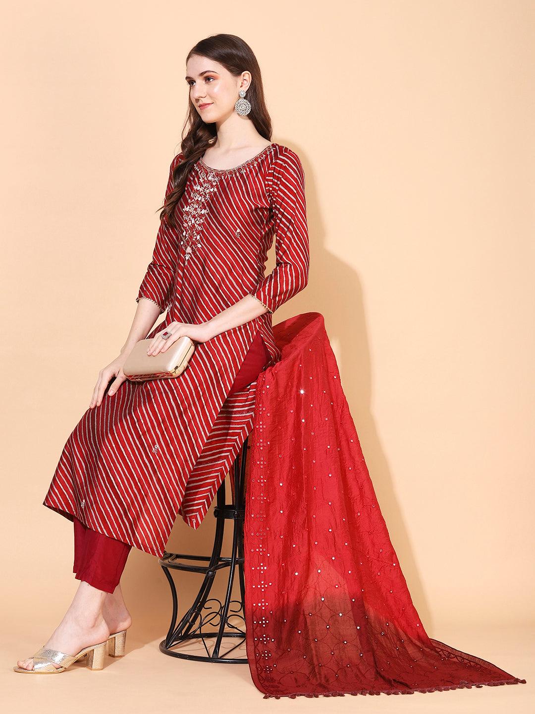 Leheriya Printed & Hand Embroidered Straight Fit Kurta & Dupatta - Red - Indiakreations