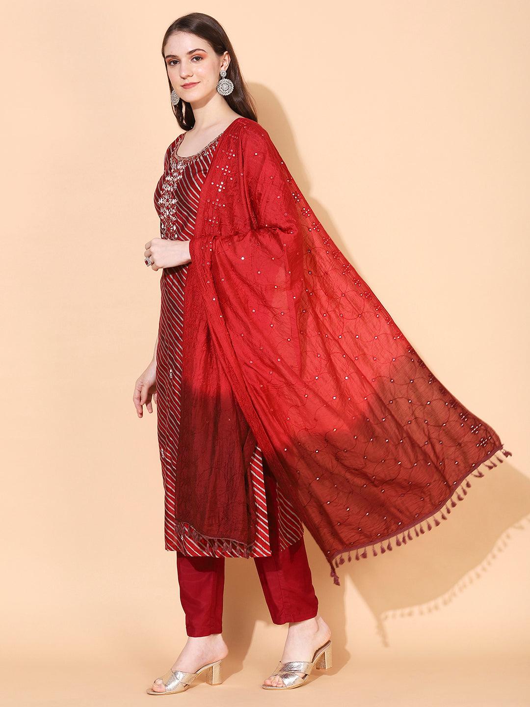 Leheriya Printed & Hand Embroidered Straight Fit Kurta & Dupatta - Red - Indiakreations