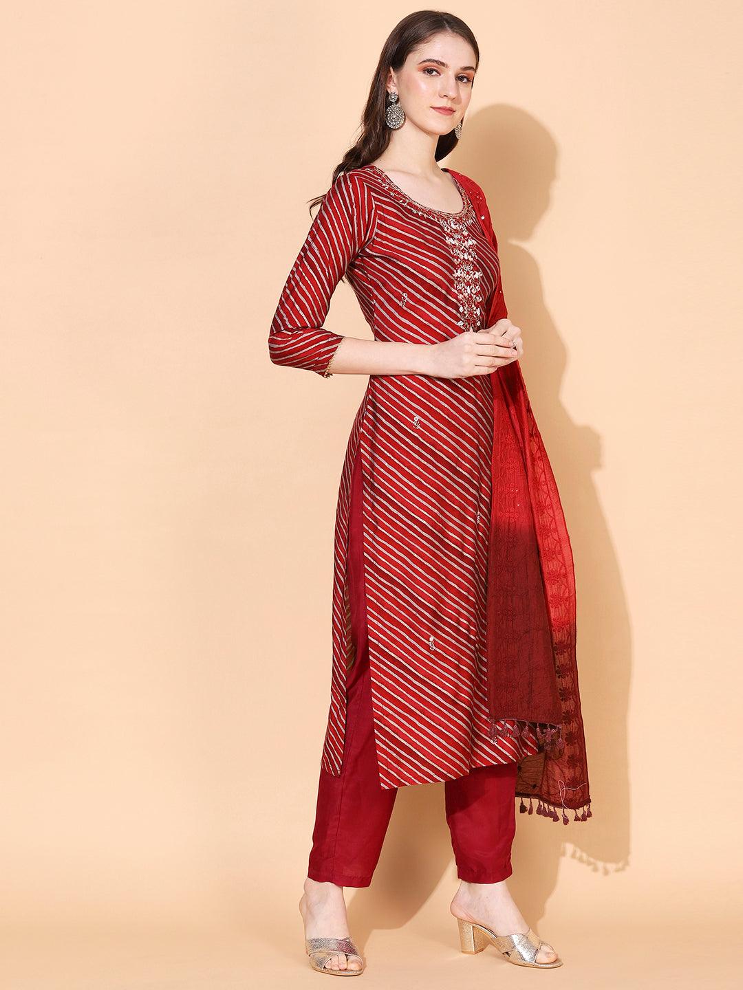 Leheriya Printed & Hand Embroidered Straight Fit Kurta & Dupatta - Red - Indiakreations