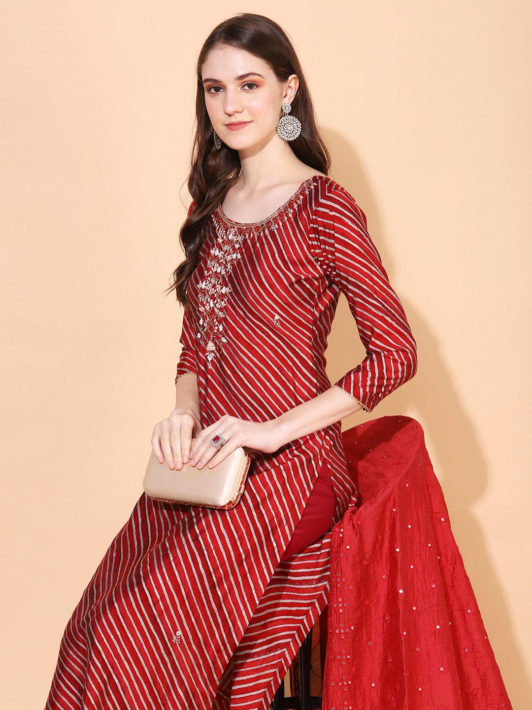 Leheriya Printed & Hand Embroidered Straight Fit Kurta & Dupatta - Red - Indiakreations