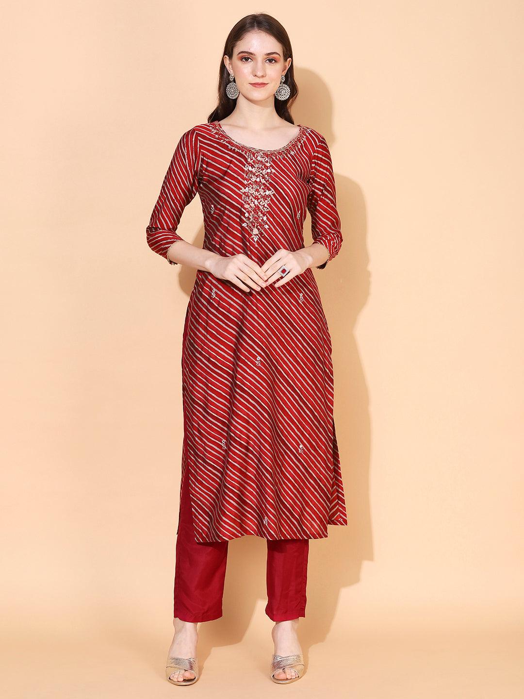 Leheriya Printed & Hand Embroidered Straight Fit Kurta & Dupatta - Red - Indiakreations