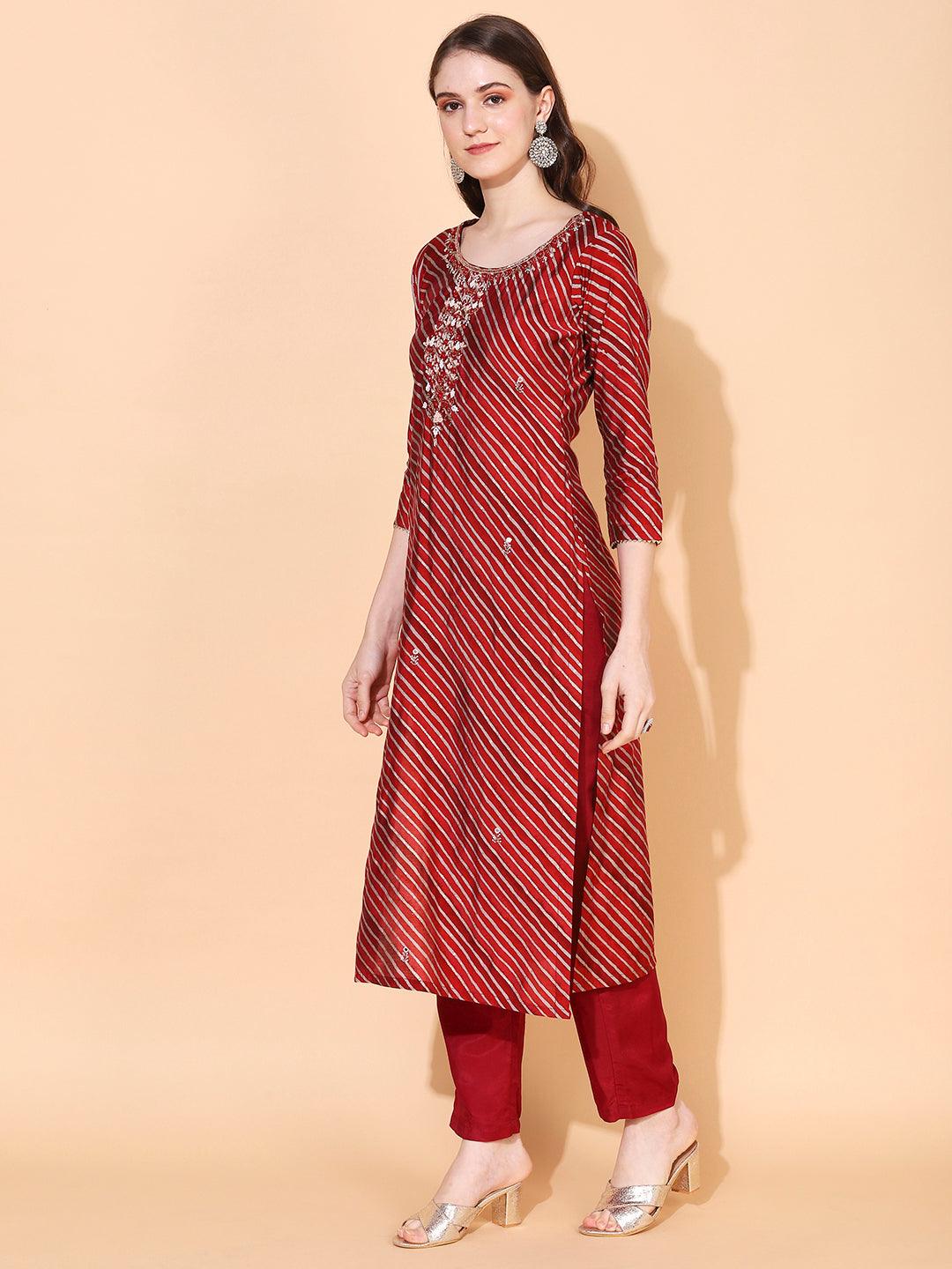 Leheriya Printed & Hand Embroidered Straight Fit Kurta & Dupatta - Red - Indiakreations