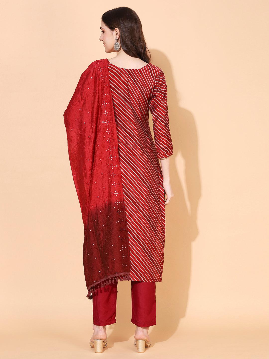 Leheriya Printed & Hand Embroidered Straight Fit Kurta & Dupatta - Red - Indiakreations