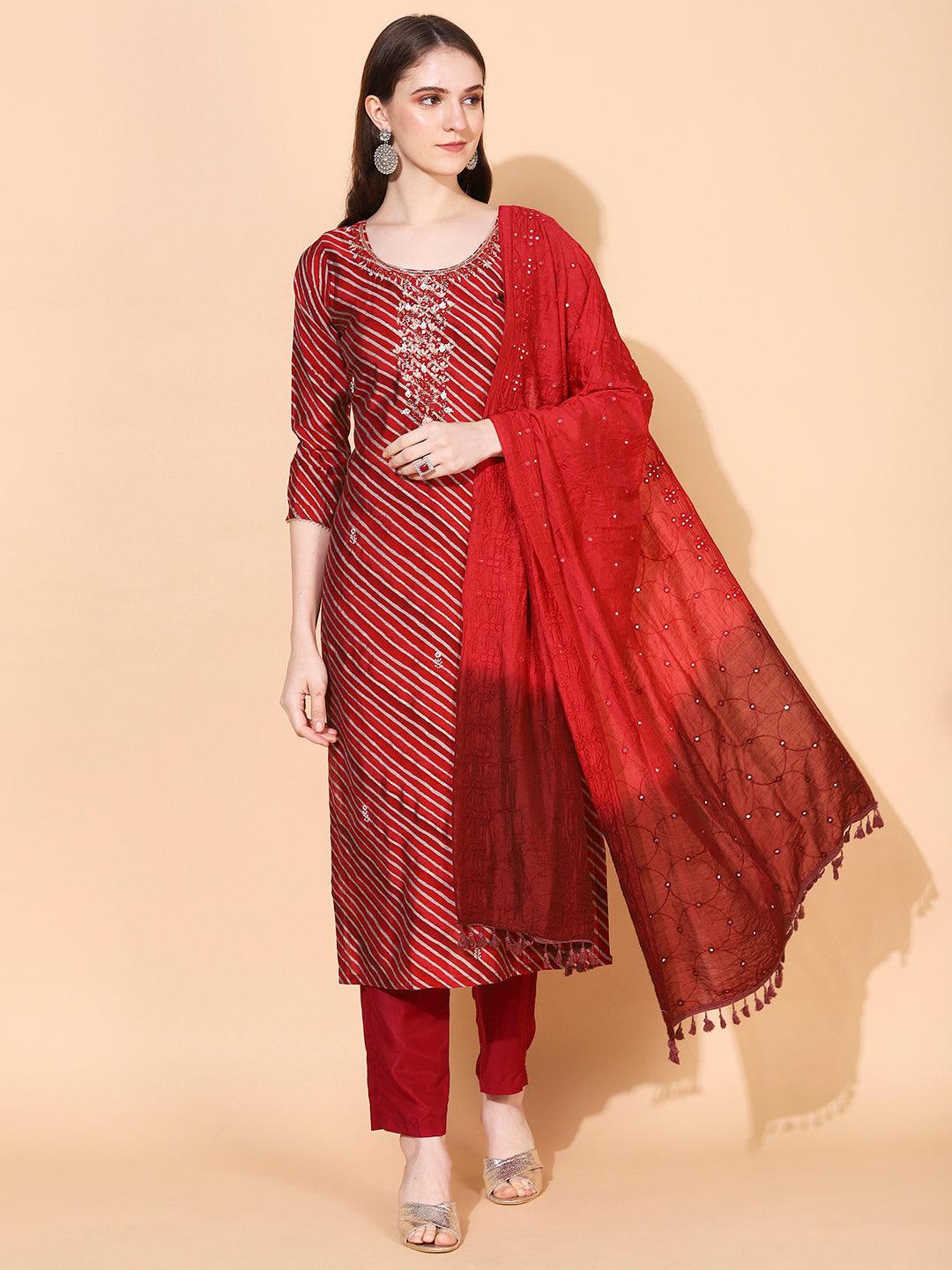 Leheriya Printed & Hand Embroidered Straight Fit Kurta & Dupatta - Red - Indiakreations