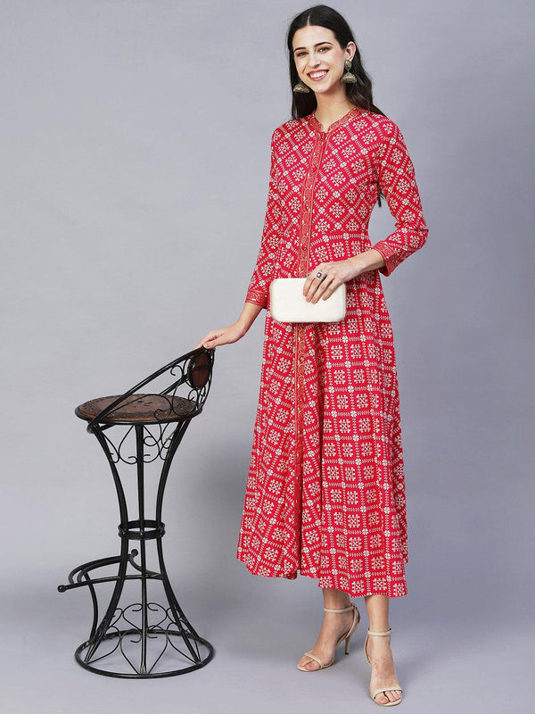 Ethnic Printed Flared Maxi Dress - Hot Pink - Indiakreations