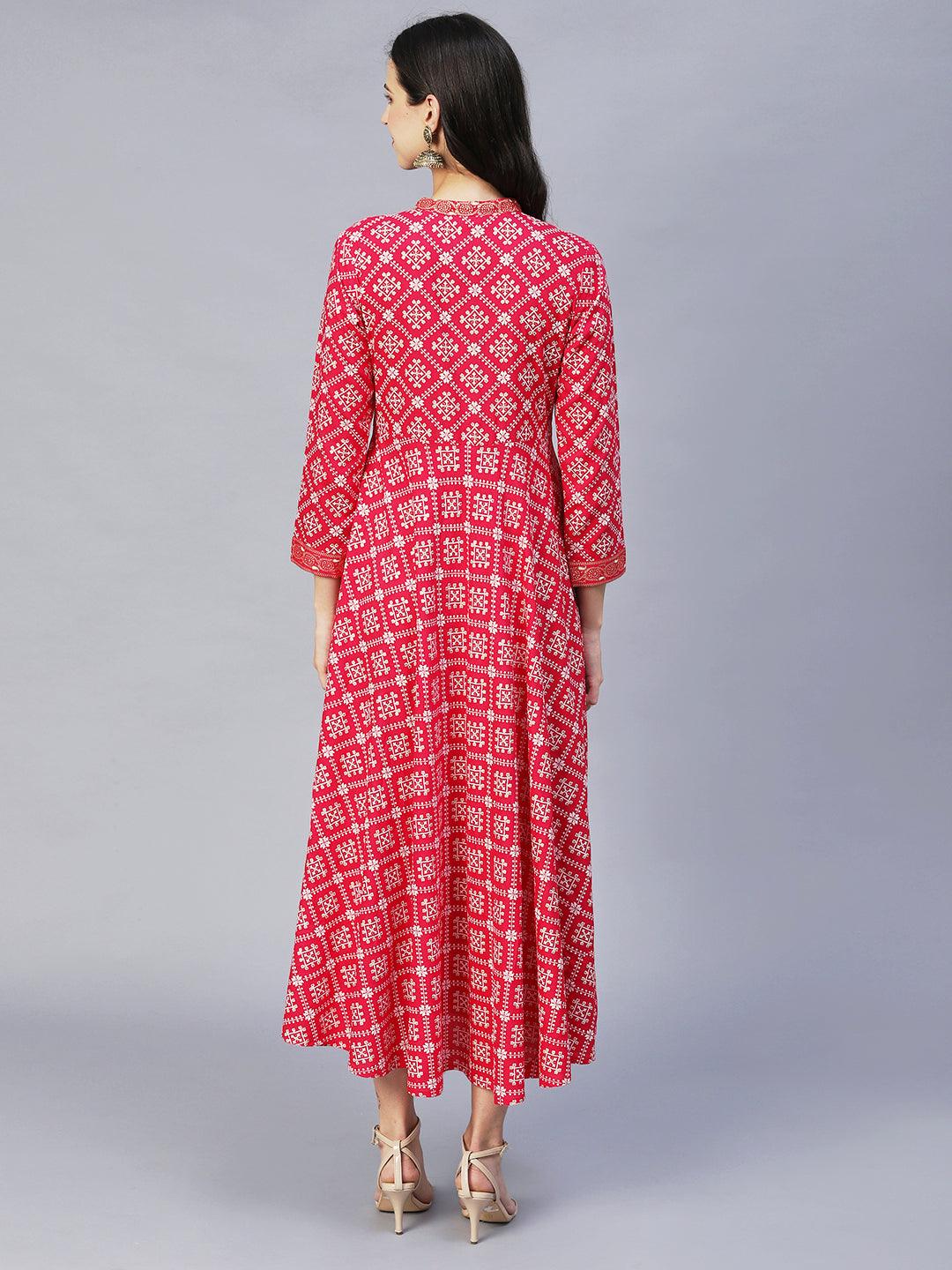 Ethnic Printed Flared Maxi Dress - Hot Pink - Indiakreations