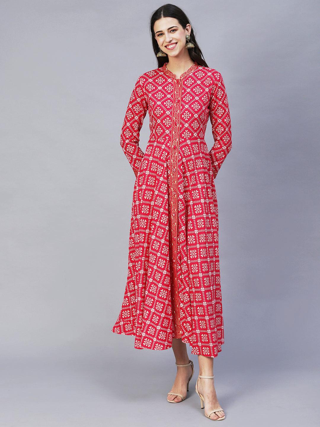 Ethnic Printed Flared Maxi Dress - Hot Pink - Indiakreations