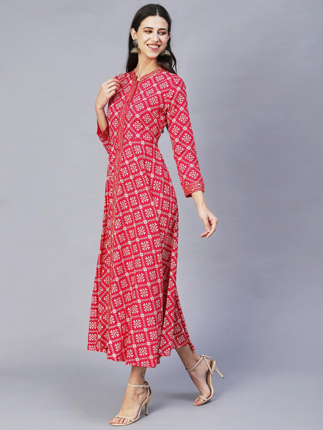 Ethnic Printed Flared Maxi Dress - Hot Pink - Indiakreations