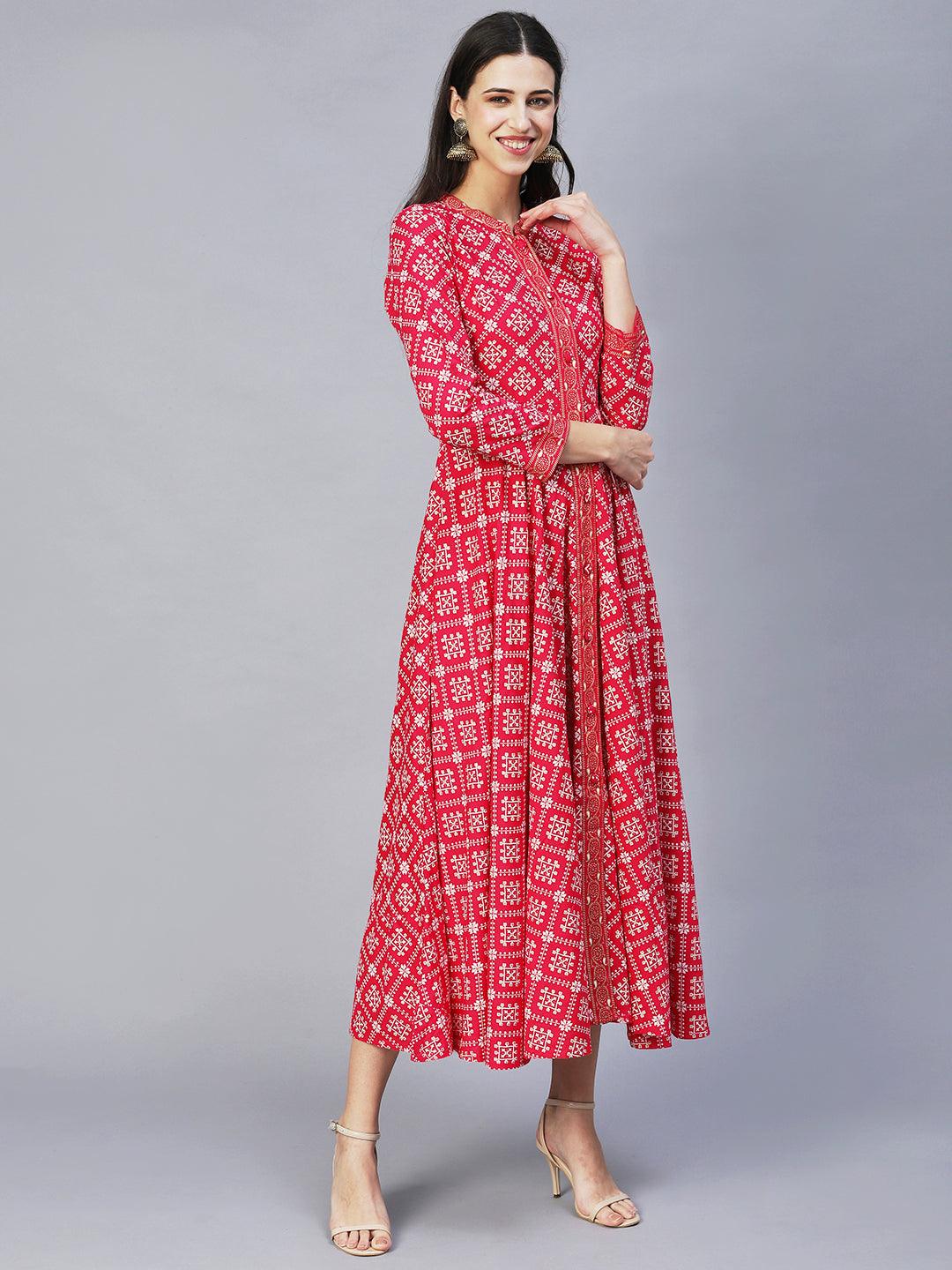 Ethnic Printed Flared Maxi Dress - Hot Pink - Indiakreations