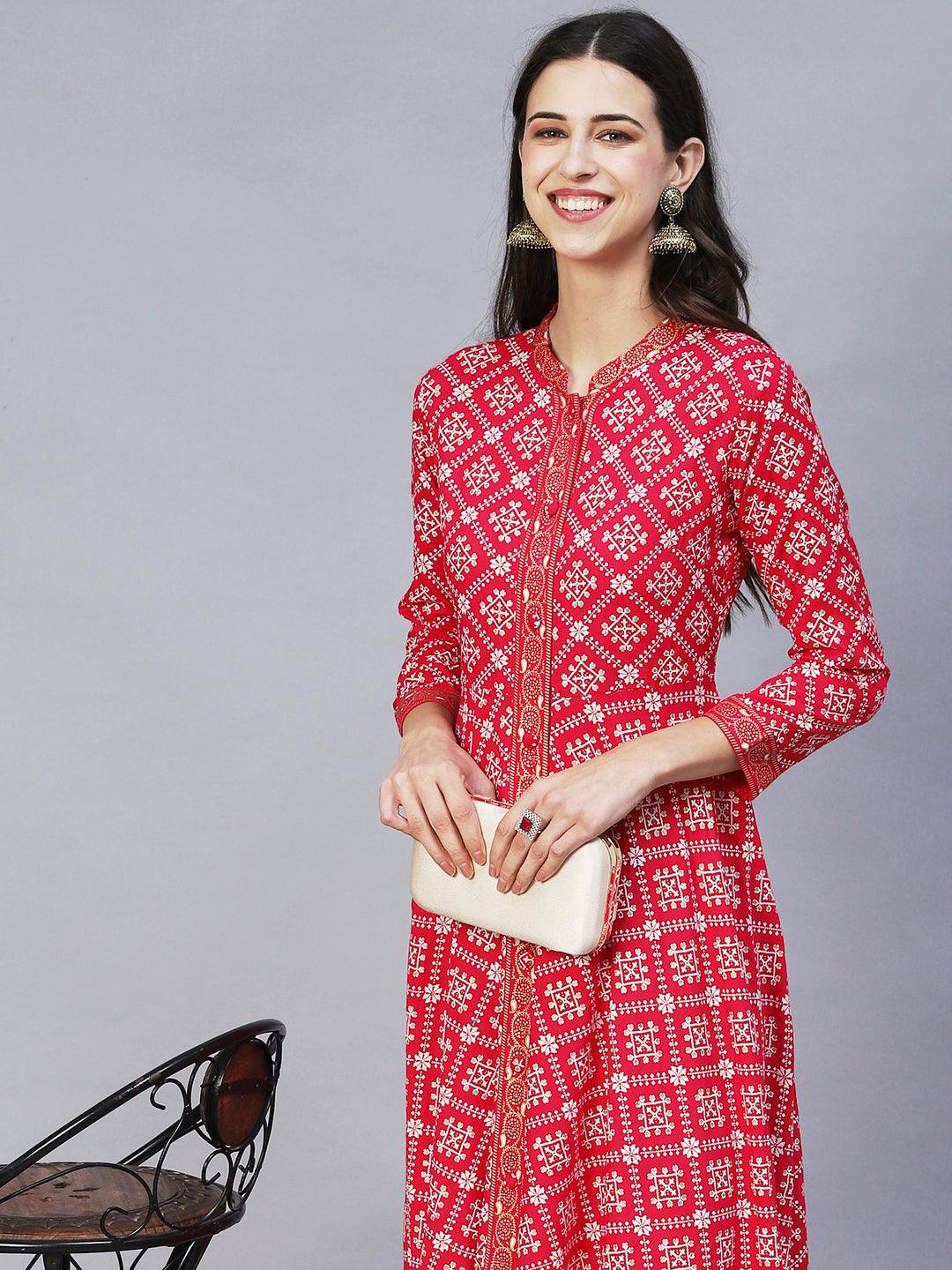 Ethnic Printed Flared Maxi Dress - Hot Pink - Indiakreations