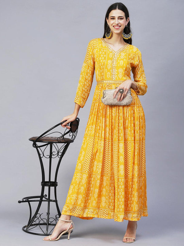 Ethnic Printed & Hand Embroidered Straight Fit Jumpsuit with Belt - Yellow - Indiakreations