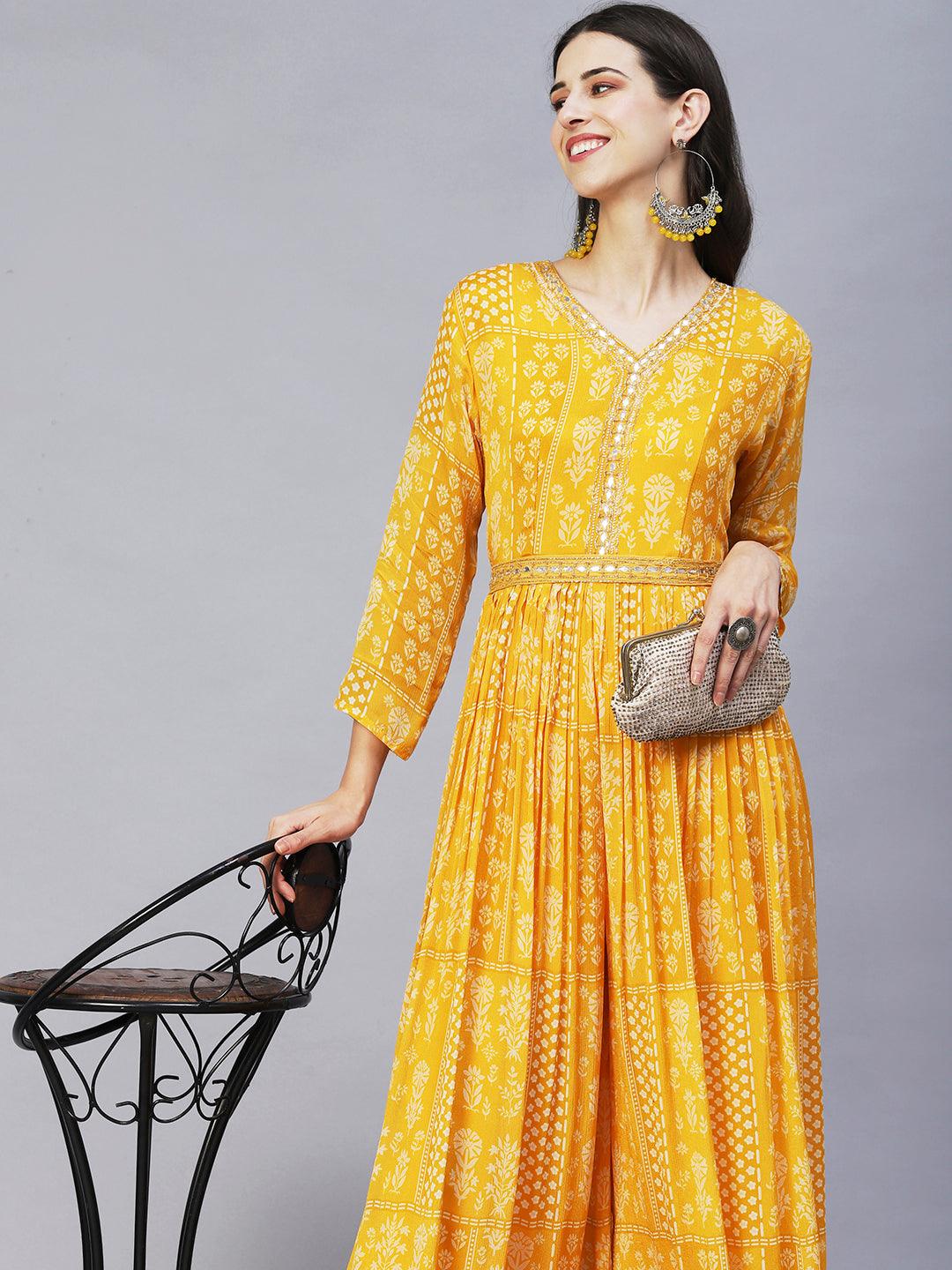 Ethnic Printed & Hand Embroidered Straight Fit Jumpsuit with Belt - Yellow - Indiakreations