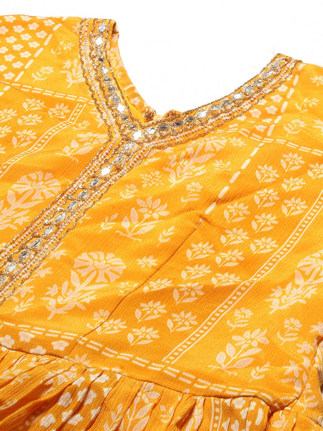 Ethnic Printed & Hand Embroidered Straight Fit Jumpsuit with Belt - Yellow - Indiakreations