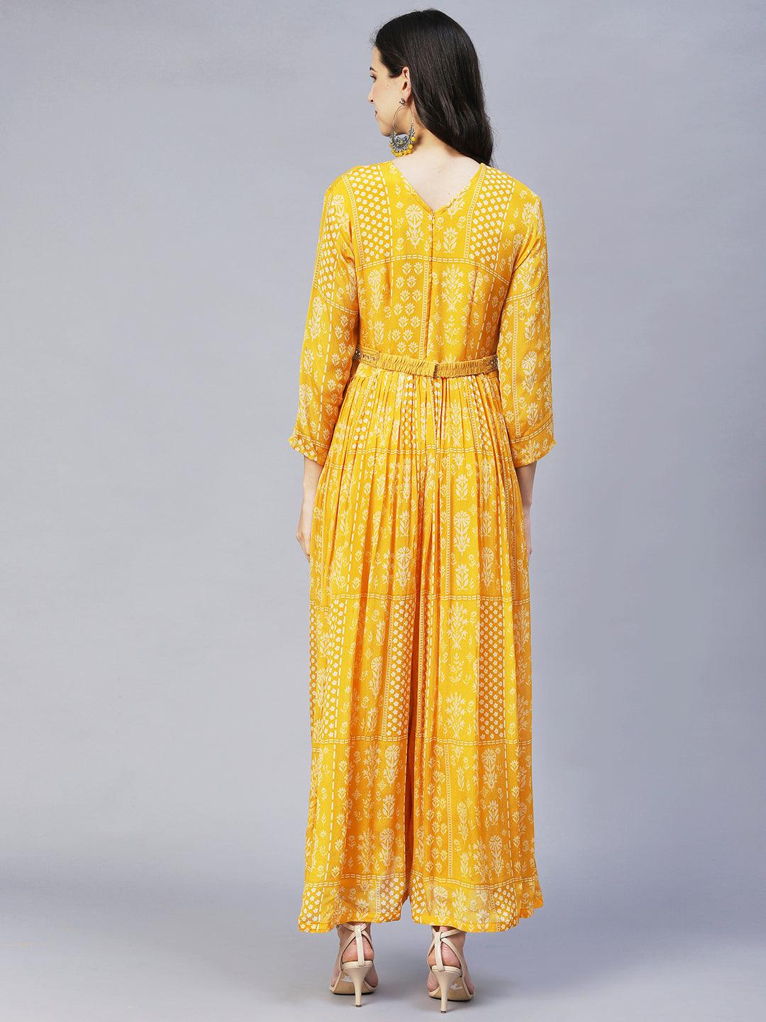 Ethnic Printed & Hand Embroidered Straight Fit Jumpsuit with Belt - Yellow - Indiakreations