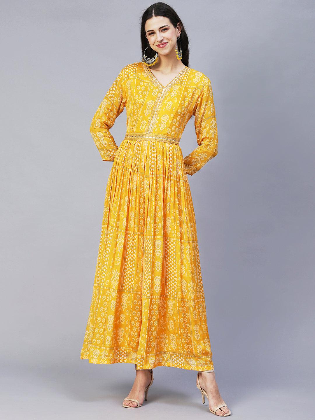 Ethnic Printed & Hand Embroidered Straight Fit Jumpsuit with Belt - Yellow - Indiakreations