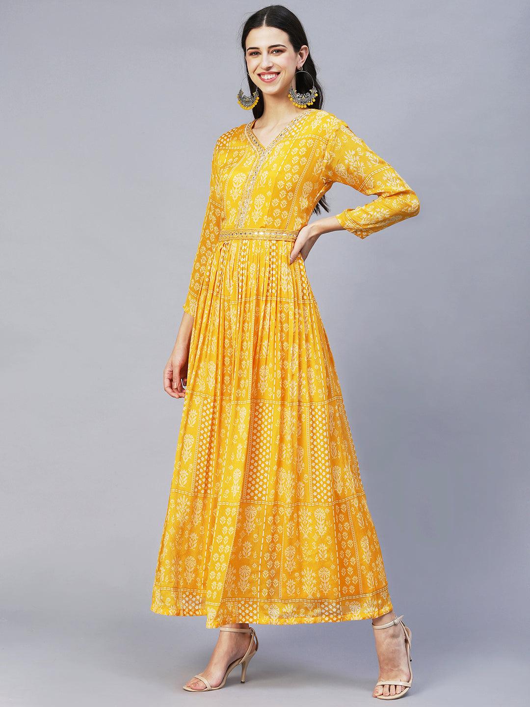 Ethnic Printed & Hand Embroidered Straight Fit Jumpsuit with Belt - Yellow - Indiakreations