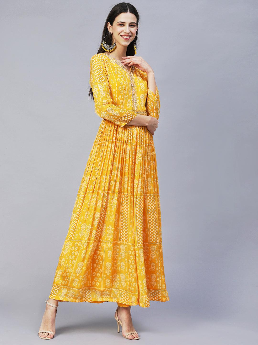 Ethnic Printed & Hand Embroidered Straight Fit Jumpsuit with Belt - Yellow - Indiakreations