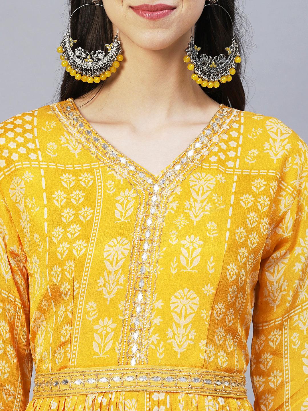 Ethnic Printed & Hand Embroidered Straight Fit Jumpsuit with Belt - Yellow - Indiakreations