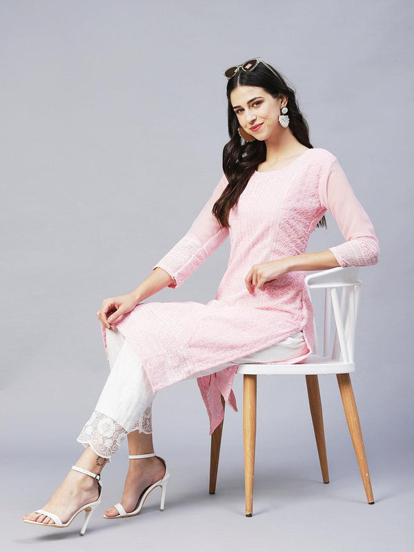 Ethnic Chikankari Embroidered Straight Fit Kurta – Pink - Indiakreations