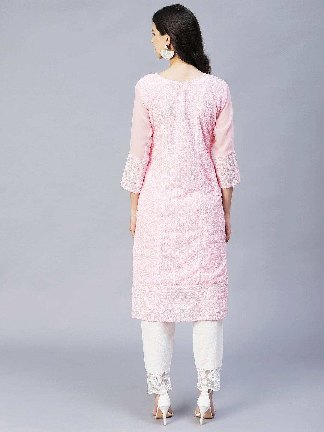 Ethnic Chikankari Embroidered Straight Fit Kurta – Pink - Indiakreations