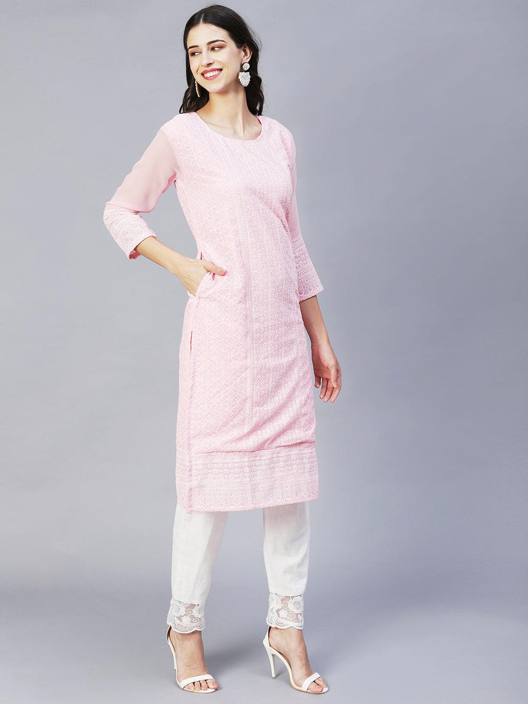 Ethnic Chikankari Embroidered Straight Fit Kurta – Pink - Indiakreations