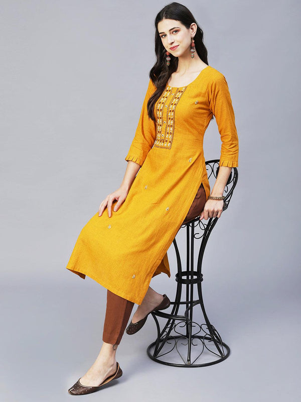 Ethnic Hand Embroidered Straight Fit Kurta – Mustard - Indiakreations