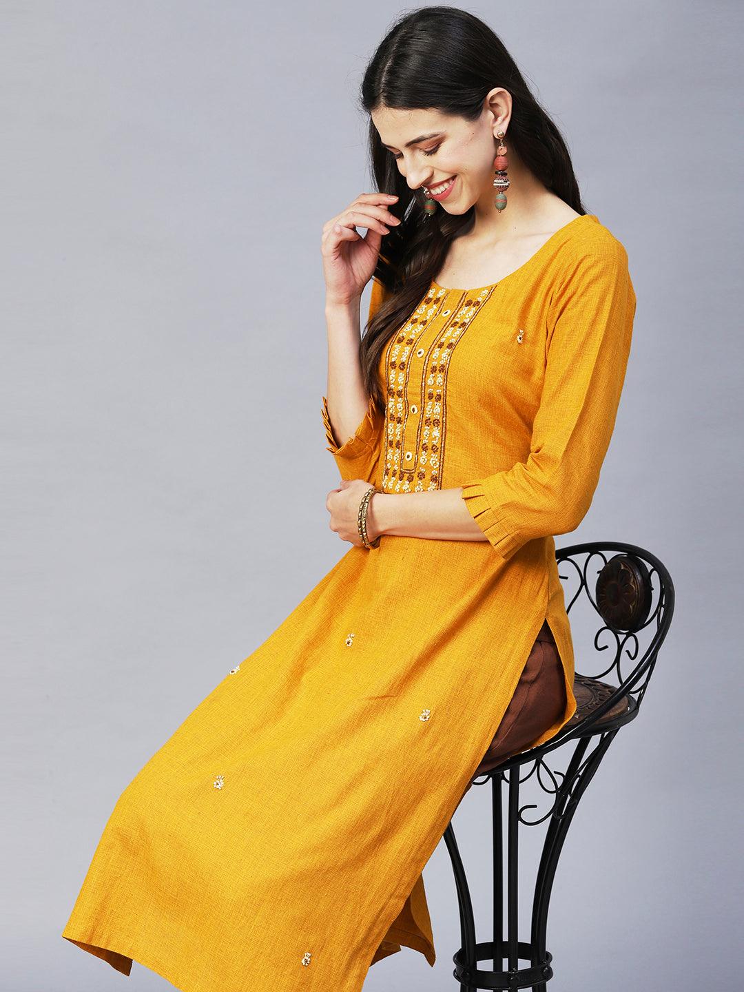 Ethnic Hand Embroidered Straight Fit Kurta – Mustard - Indiakreations