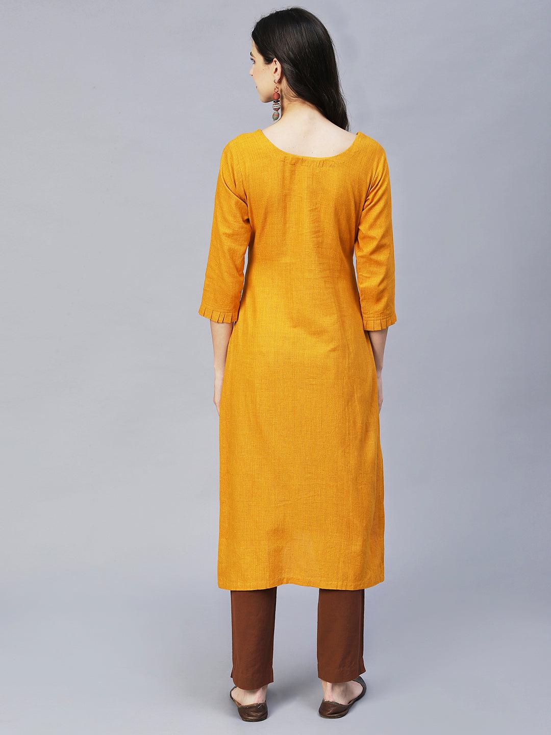 Ethnic Hand Embroidered Straight Fit Kurta – Mustard - Indiakreations