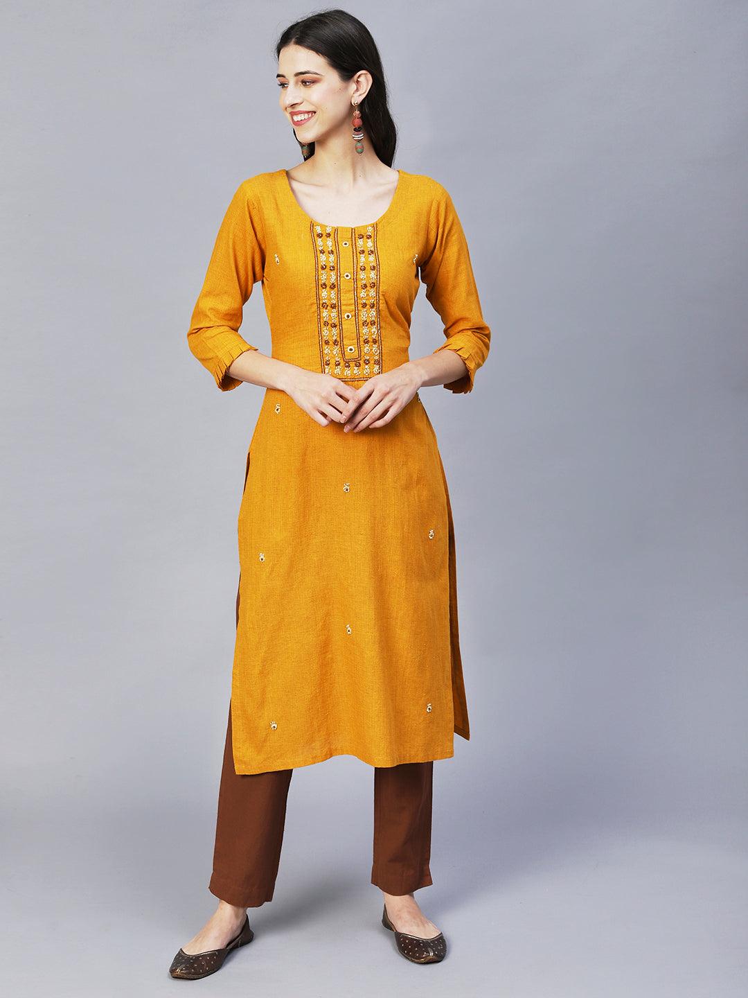 Ethnic Hand Embroidered Straight Fit Kurta – Mustard - Indiakreations