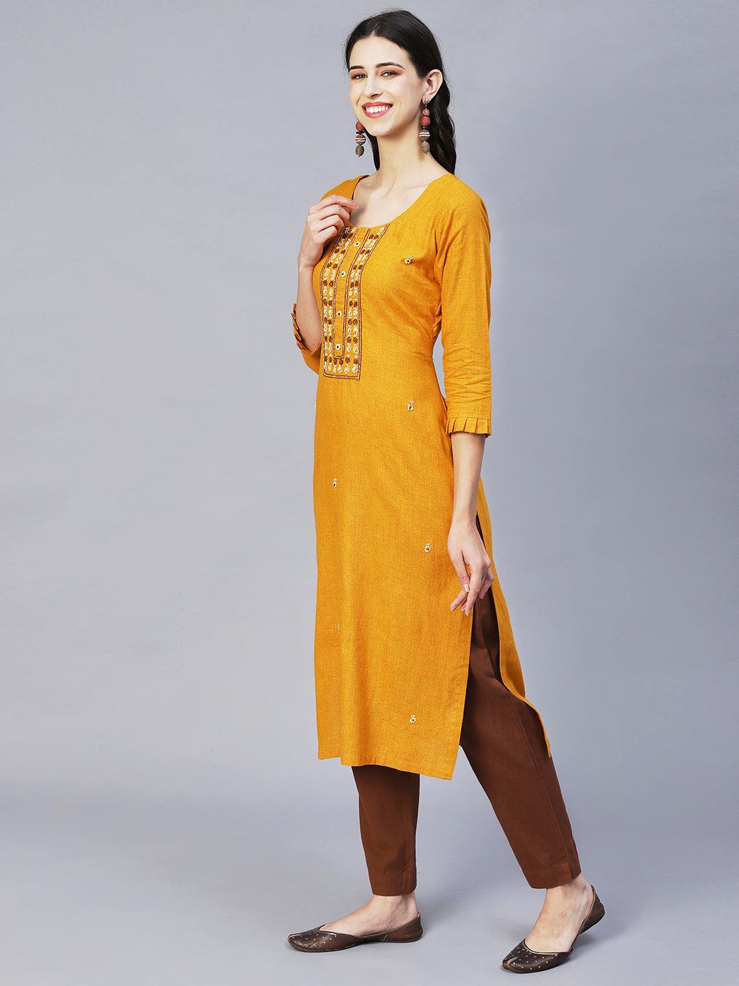 Ethnic Hand Embroidered Straight Fit Kurta – Mustard - Indiakreations