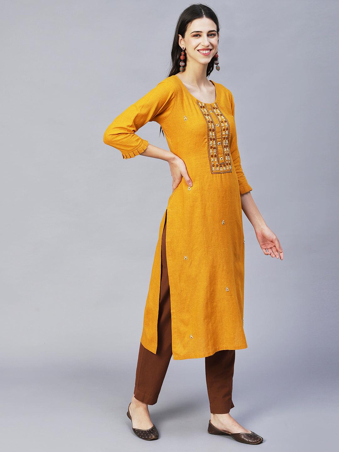 Ethnic Hand Embroidered Straight Fit Kurta – Mustard - Indiakreations