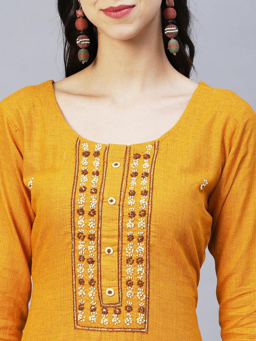 Ethnic Hand Embroidered Straight Fit Kurta – Mustard - Indiakreations