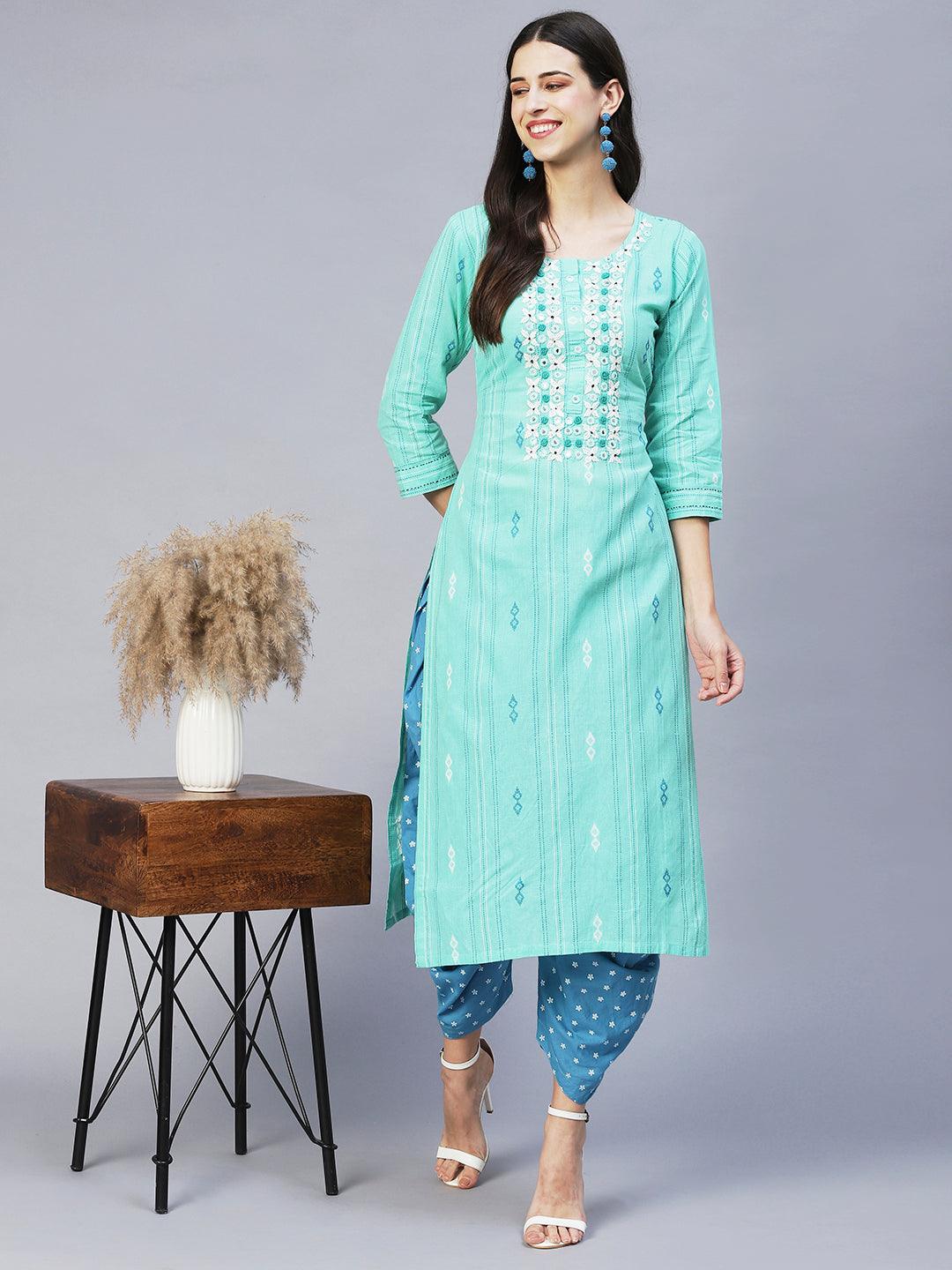 Ethnic Woven & Hand Embroidered Straight Fit Kurta – Mint Green - Indiakreations