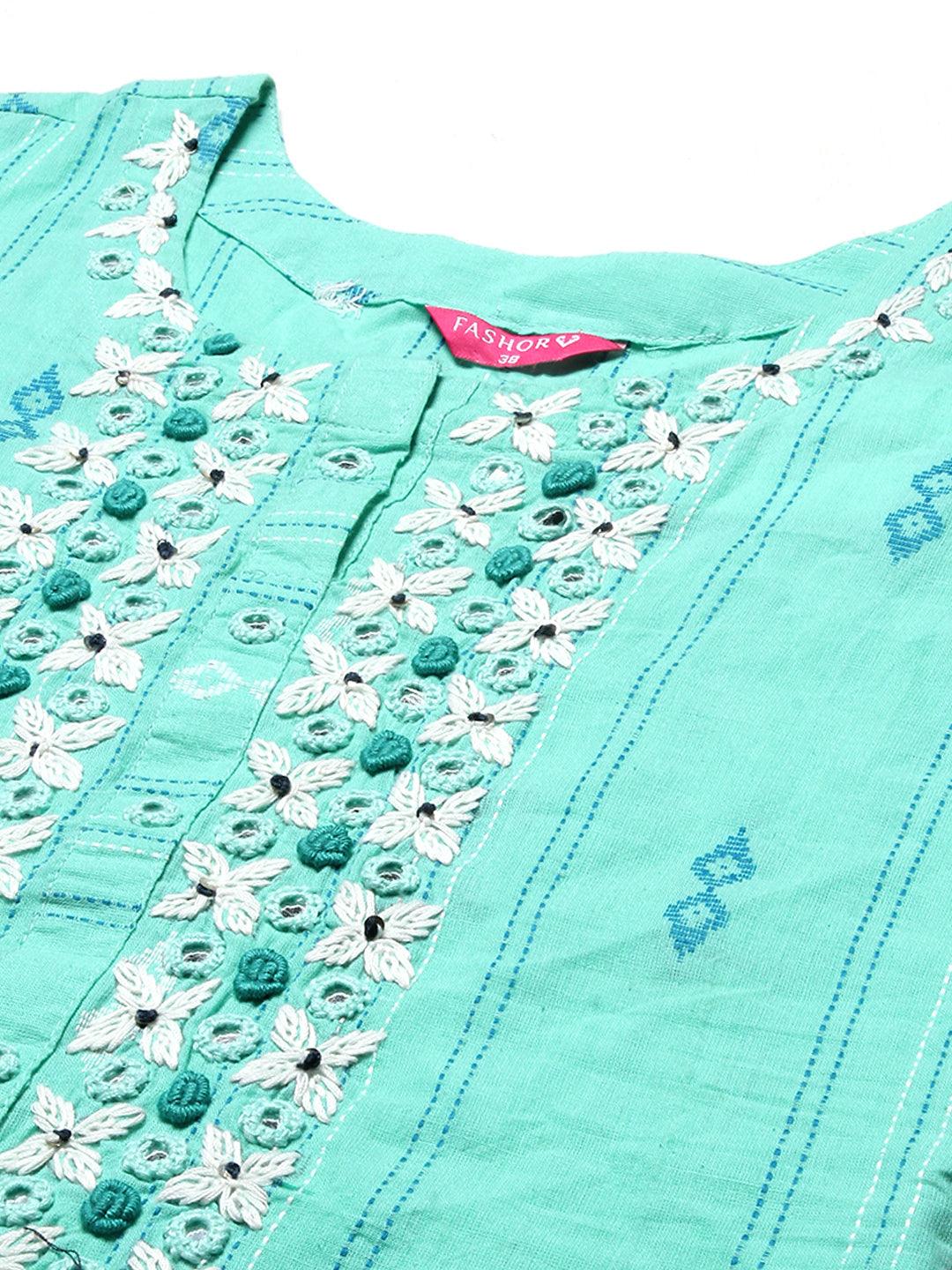 Ethnic Woven & Hand Embroidered Straight Fit Kurta – Mint Green - Indiakreations