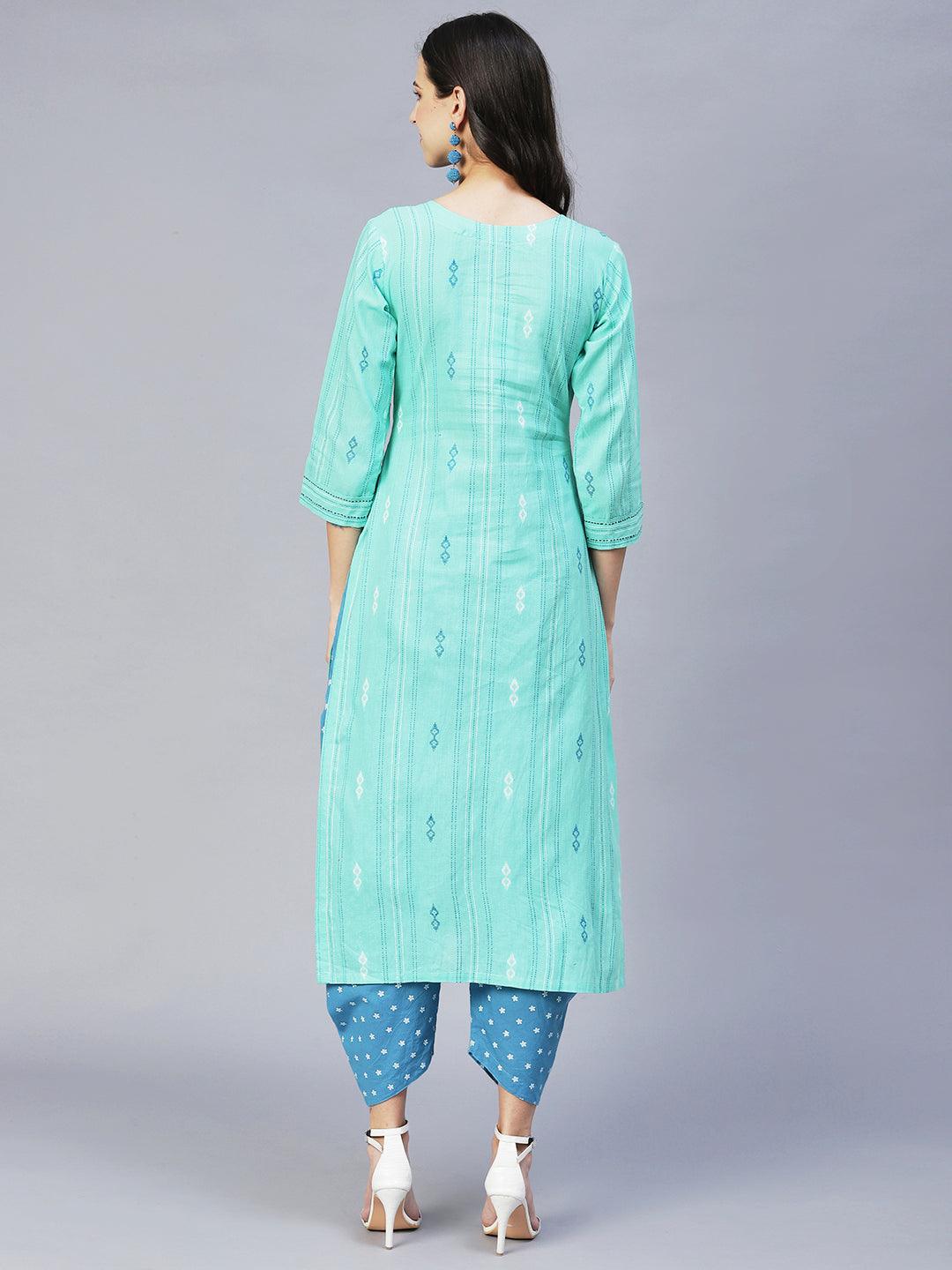 Ethnic Woven & Hand Embroidered Straight Fit Kurta – Mint Green - Indiakreations