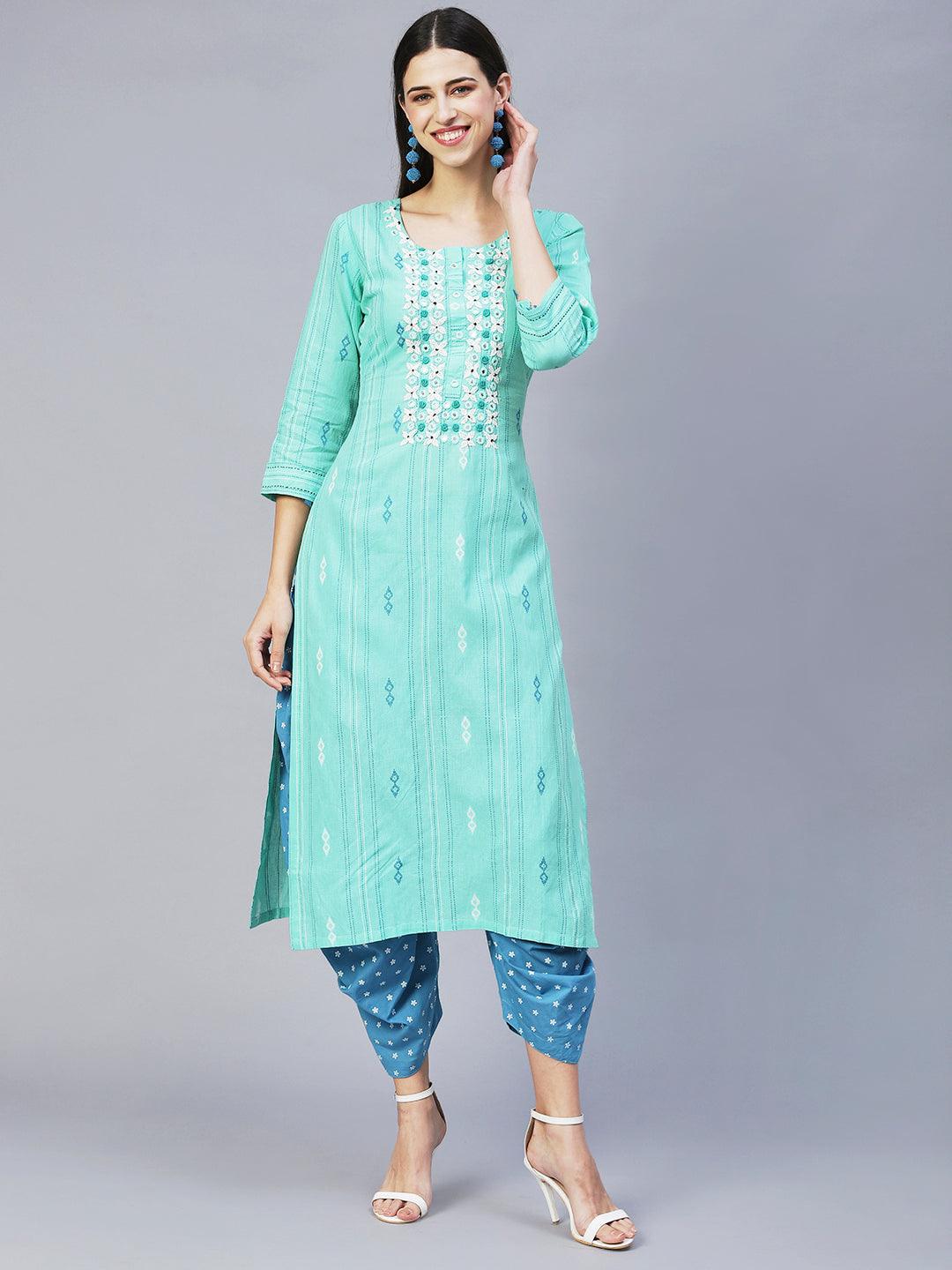 Ethnic Woven & Hand Embroidered Straight Fit Kurta – Mint Green - Indiakreations